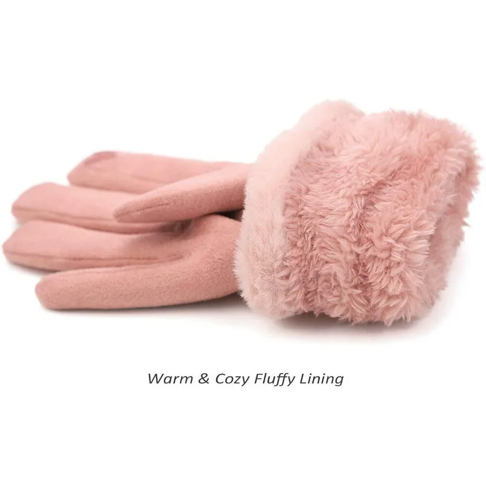 Women's Faux Suede Gloves Furry Cuffs Touchscreen Warm Fleece Lined
